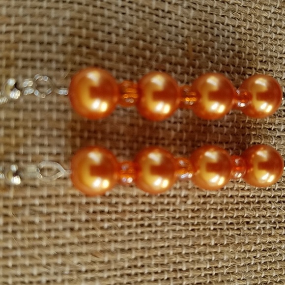 Hand Crafted Pearl Dangle Earrings Orange 2 7/8" Long - Picture 2 of 5